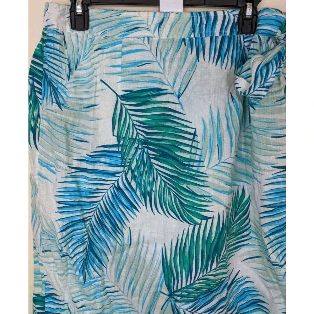 Tahari Midi Wrap Skirt 100% Linen Palm Leaves Tropical Vacation Elastic Back XL